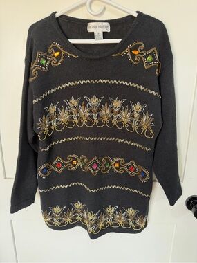 Vintage Victoria Harbor Sweater- M Black Beaded Embellished Knit Sweater